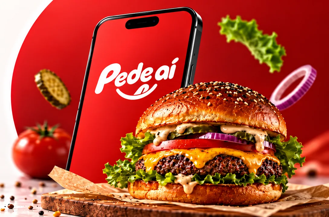 Celular com o app Pede aí ao lado de um hambúrguer.